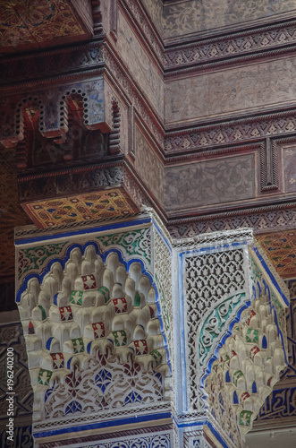 Details of interior o f Dar Jamai Museum in El Hedim square in Meknes, Morocco.