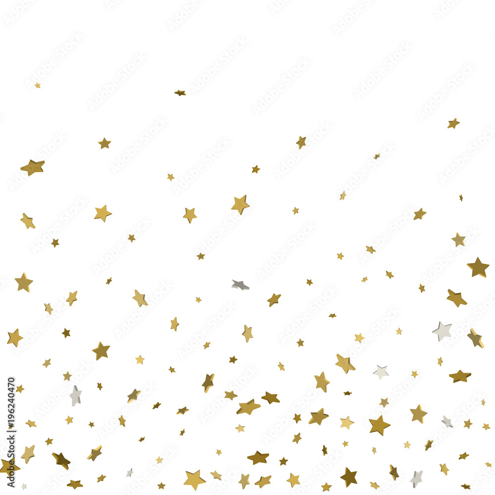 Abstract pattern of random falling gold stars on white background. Glitter pattern for banner, greeting card, Christmas and New Year card, invitation, postcard, paper packaging. Vector illustration. Abstract pattern of random falling gold stars on white background. Glitter pattern for banner, greeting card, Christmas and New Year card, invitation, postcard, paper packaging. Vector illustration.