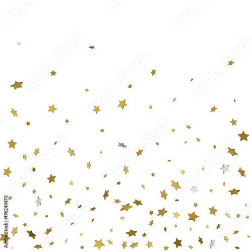 Abstract pattern of random falling gold stars on white background. Glitter pattern for banner, greeting card, Christmas and New Year card, invitation, postcard, paper packaging. Vector illustration.