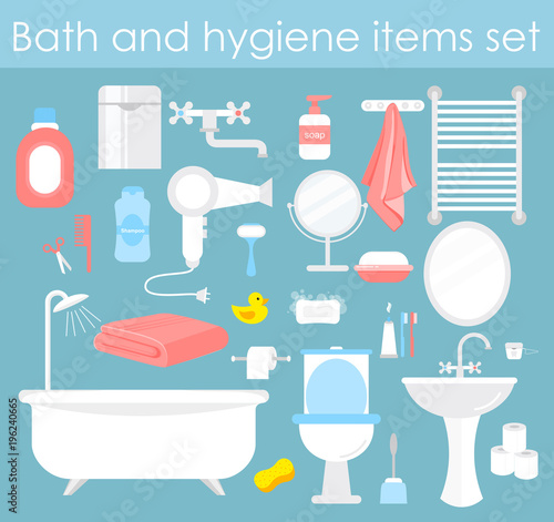 Vector illustration set of bathroom elements. Hygiene and toilet icons in flat cartoon style.