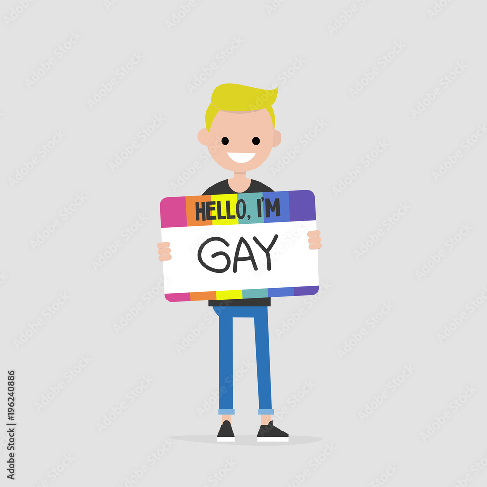 Hello, I'm Gay. Open homosexuality. Coming out. Young character introducing himself as a part of LGBT community. Flat editable vector illustration, clip art Hello, I'm Gay. Open homosexuality. Coming out. Young character introducing himself as a part of LGBT community. Flat editable vector illustration, clip art