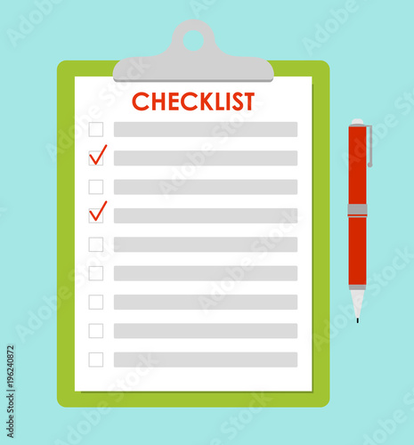 Vector illustration of green clipboard with red check marks and pen. To-do list, survey, exam concept, checklist in flat cartoon style.