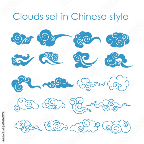 Vector illustration collection of blue clouds icons in Chinese style, flat design.