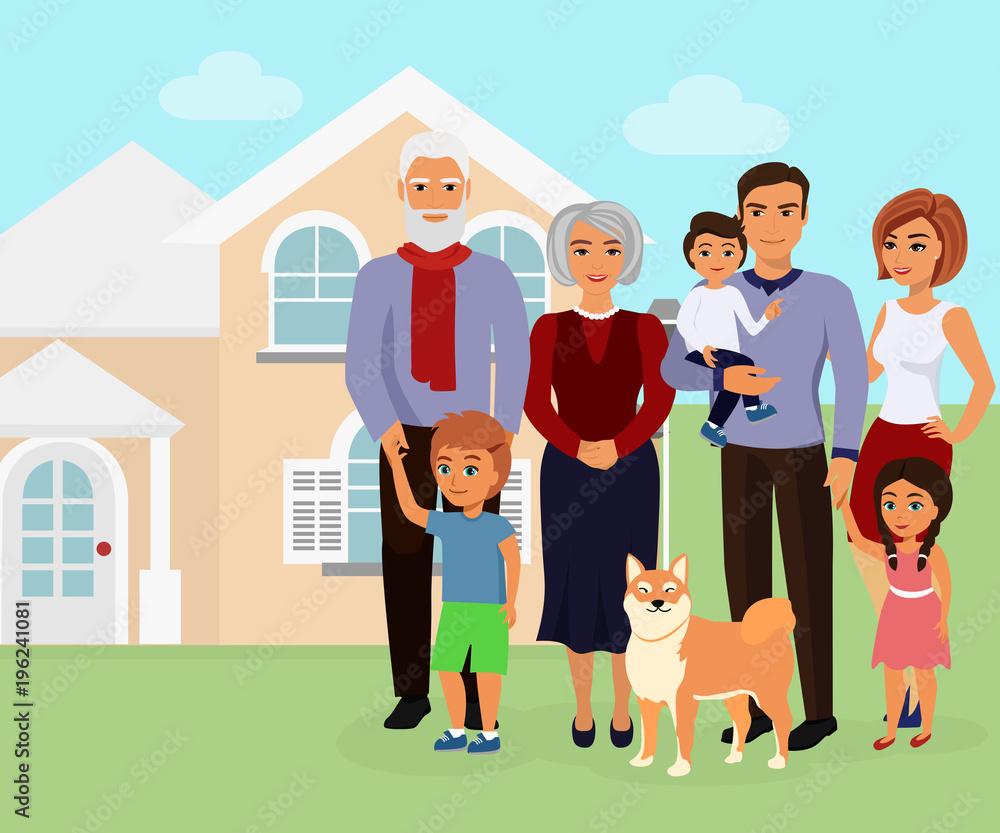 Vector illustration of big happy caucasian family with many children, mother, father with grandmother and grandfather, dog. Kids with parents near the house in flat cartoon style.