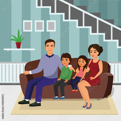 Vector illustration happy family in living room sitting on the sofa. Father, mother, son and daughter together sitting on the sofa in flat cartoon style.