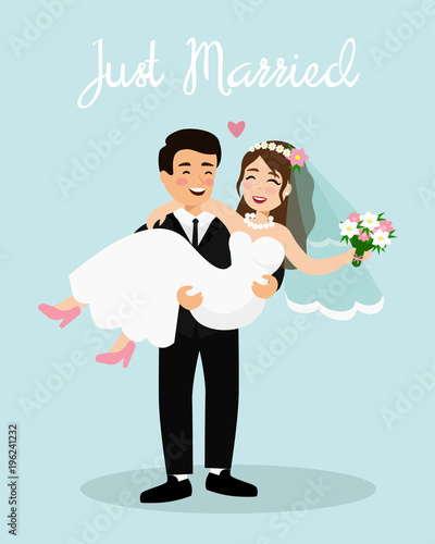Vector illustration of wedding couple bride and groom. Just married couple, happy groom is holding bride, cartoon flat style.