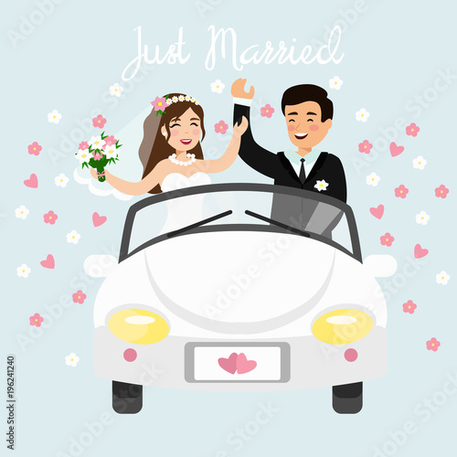 Vector illustration of just married couple driving a white car in honeymoon trip. Wedding bride and groom in flat cartoon style.