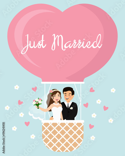 Vector cartoon illustration of the bride and groom in a hot air balloon in the sky. Happy wedding couple, just married in flat style.