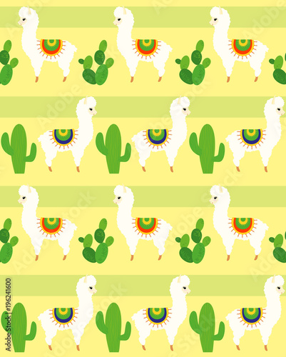 Vector illustration of seamless pattern with alpaca and llamas, funny lama and cactus colorful pattern for textile in cartoon flat style.