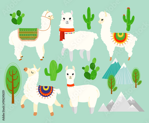 Vector illustration set of Cute funny alpacas and llamas with cactus elements, mountains on blue background. Lovely lamas in cartoon flat style.