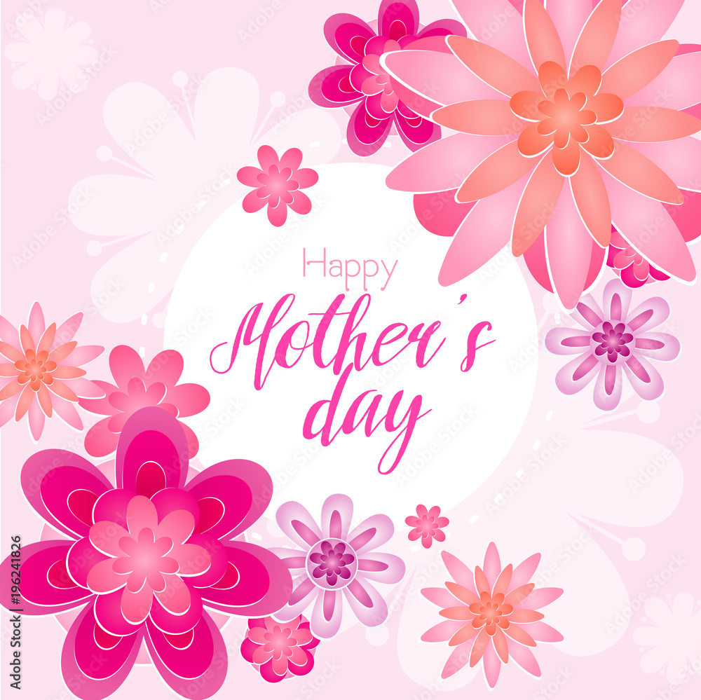 Fototapeta premium Vector illustration of beautiful Mother s day greeting card with blossom flowers in light pink color.
