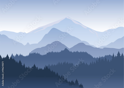 Vector illustration of the pine trees forest receding into the distance on the background of light blue mountains in thick fog.