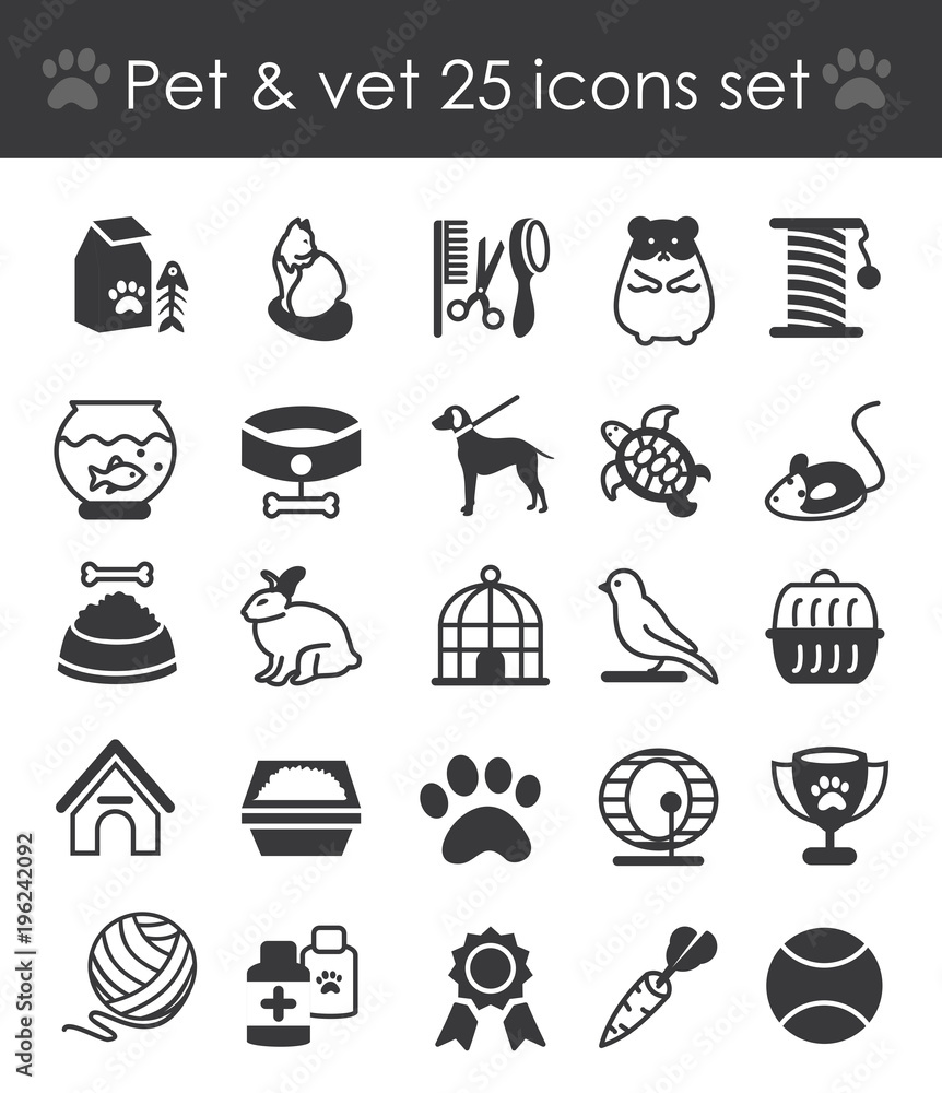 Vector illustration of outline web icon set - pet, vet, pet shop, animals and all stuff types of pets on white background.