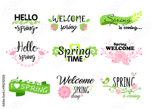 Vector illustration set of Hello spring lettering typography. Calligraphy postcards elements, flowers, leafs, spring concepts.