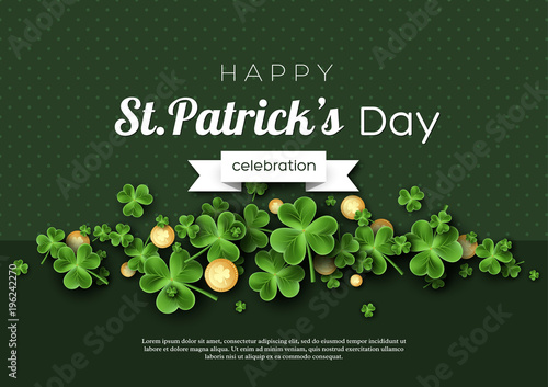 St. Patrick's Day card. Clover leaves with coins on green background for greeting holiday design. Vector illustration.