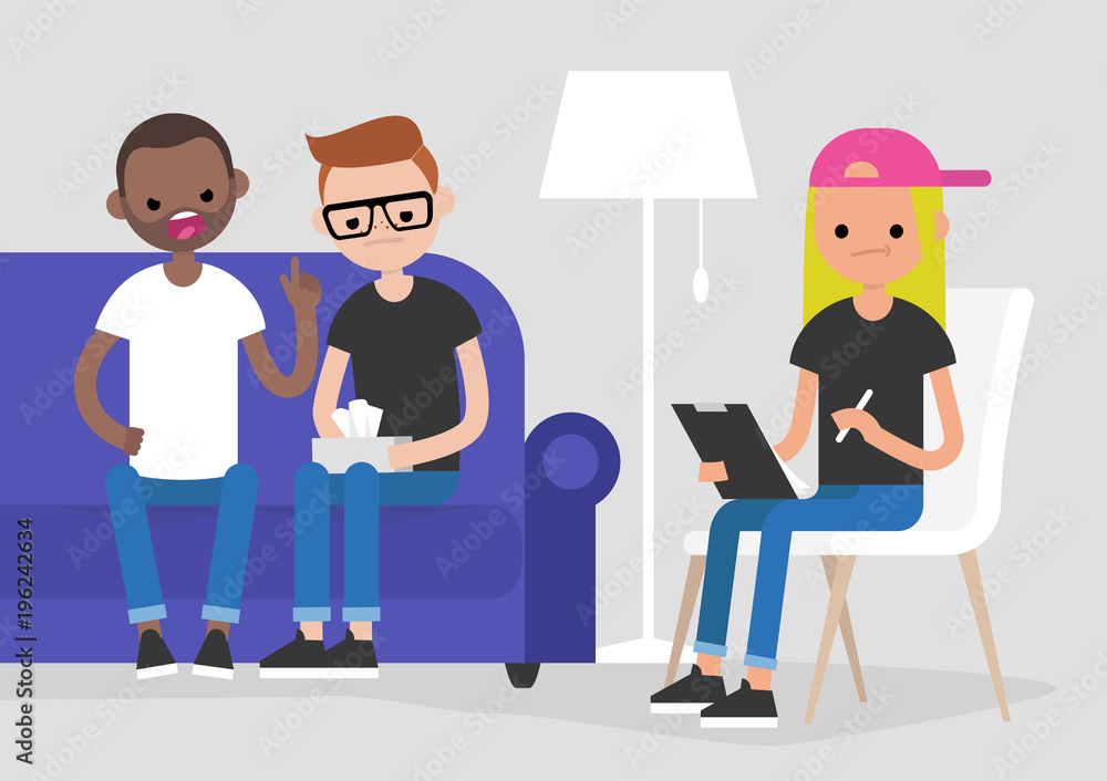 Young homosexual arguing couple visiting a psychotherapist. Mental health care. Relationships. Doctor listening and making notes. Psychotherapy. Flat vector illustration, clip art Young homosexual arguing couple visiting a psychotherapist. Mental health care. Relationships. Doctor listening and making notes. Psychotherapy. Flat vector illustration, clip art
