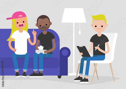 Young interracial arguing couple visiting a psychotherapist. Mental health care. Relationships. Doctor listening and making notes. Psychotherapy. Flat vector illustration, clip art