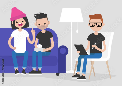 Young arguing couple visiting a psychotherapist. Mental health care. Relationships. Doctor listening and making notes. Psychotherapy. Flat vector illustration, clip art