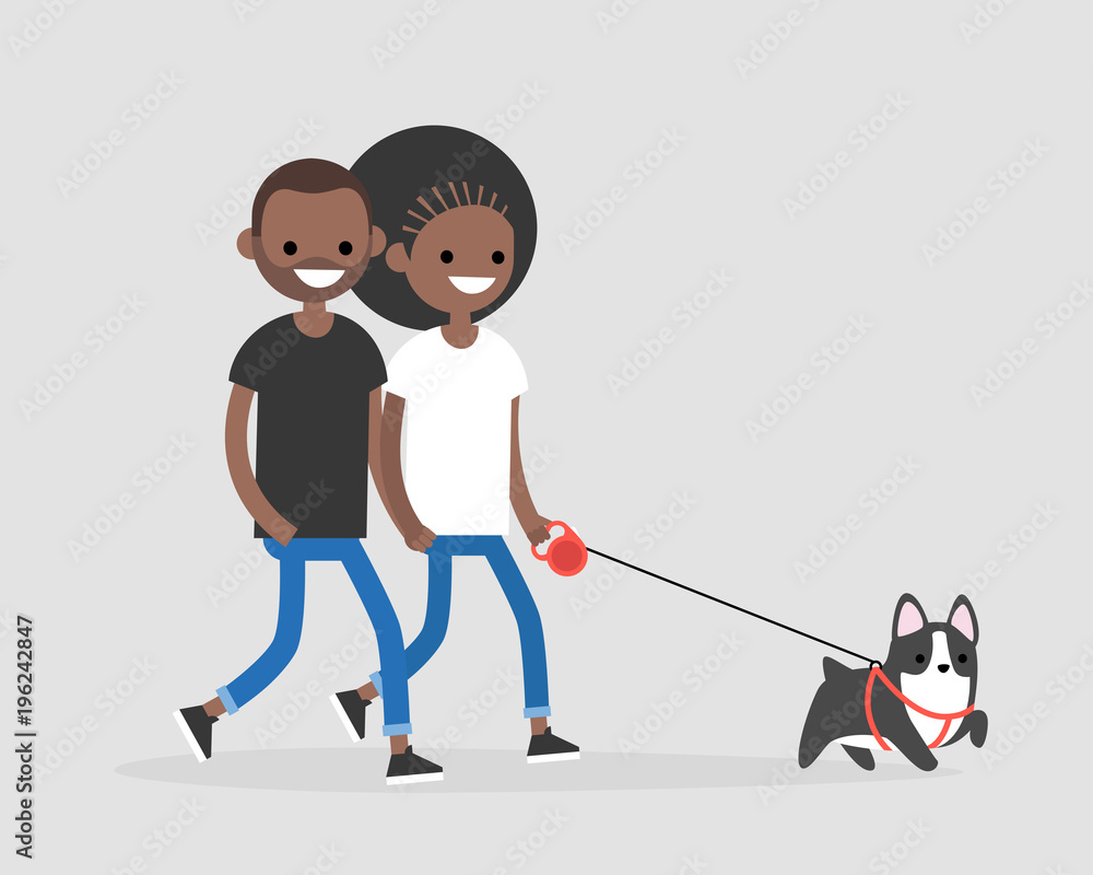 Vecteur Stock Black millennial couple walking a dog. Daily life of pet  owners. Flat editable vector illustration, clip art | Adobe Stock