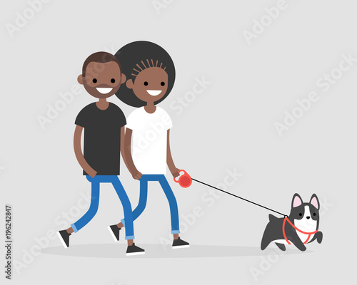 Black millennial couple walking a dog. Daily life of pet owners. Flat editable vector illustration, clip art
