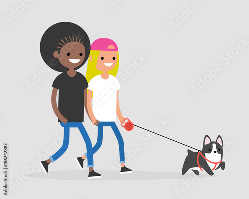 Lesbian couple walking a dog. Daily life of pet owners. Flat editable vector illustration, clip art