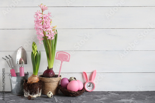 Fototapeta Naklejka Na Ścianę i Meble -  Two hyacinth plants, gardening tools, Easter eggs, and a bunny clock against a white wooden surface. Concept of: Timely spring preparations. Easter still life. 