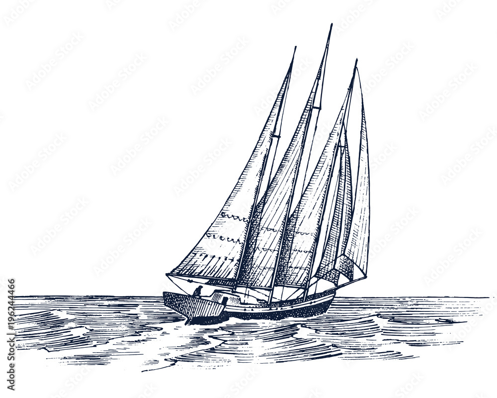 Fototapeta premium Sailboat in the sea, summer adventure, active vacation. Seagoing vessel, marine ship or nautical caravel. water transport in the ocean for sailor and captain. engraved hand drawn in vintage style.