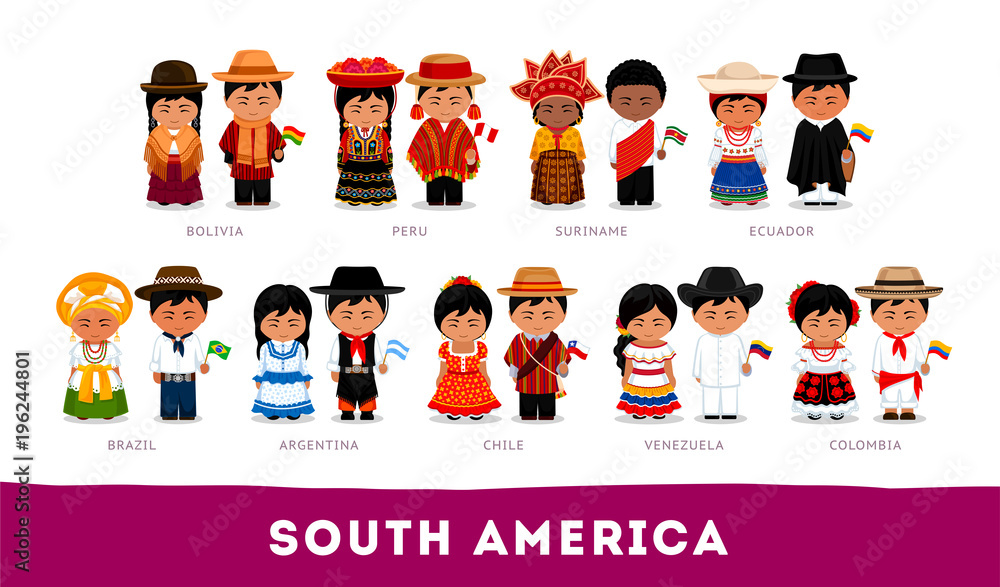 Americans in national clothes. South America. Set of cartoon characters in  traditional costume. Cute people. Vector flat illustrations. Stock Vector |  Adobe Stock