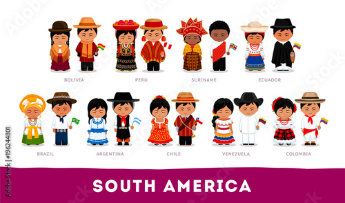 Americans in national clothes. South America. Set of cartoon characters in traditional costume. Cute people. Vector flat illustrations.
