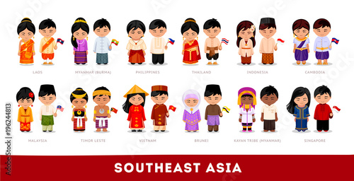 Asians in national clothes. Southeast Asia. Set of cartoon characters in traditional costume. Cute people. Vector flat illustrations.