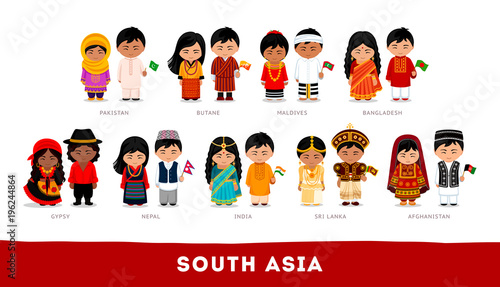 Asians in national clothes. South Asia. Set of cartoon characters in traditional costume. Cute people. Vector flat illustrations.