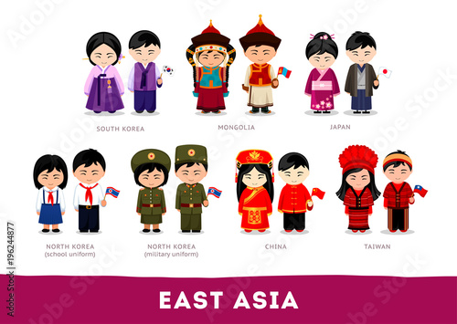 Asians in national clothes. East Asia. Set of cartoon characters in traditional costume. Cute people. Vector flat illustrations.