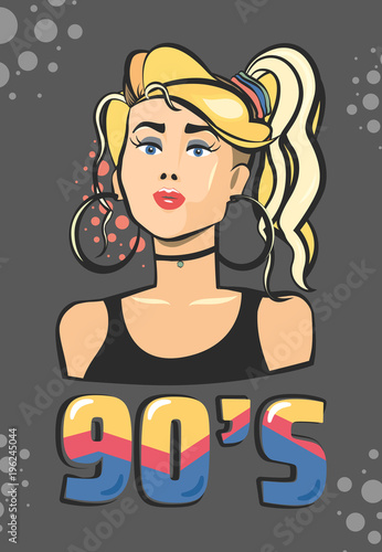 Teenage girl in 1990s style. cute T-shirt Graphics. Young girl Face Vector illustration in trendy 80s 90s Memphis style.