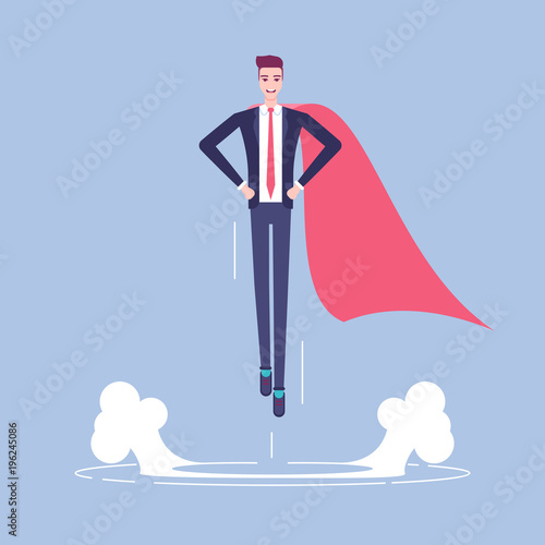 Successful business man or male office worker in suit and red cape takes off up vector flat illustration. Businessman super hero character flying up. Business concept career growth and leadership