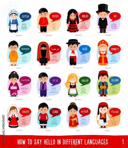 Cartoon characters saying hello in most popular languages: Hebrew, Chinese, Spanish, English, Hindi, Arabic, Portuguese, Russian, Japanese, Korean, German, Turkish, French, Italian, Thai, Greek.