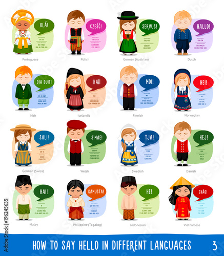 Cartoon characters saying hello in different languages: Portuguese, Polish, German, Dutch, Irish, Icelandic, Finnish, Norwegian, Welsh, Swedish, Danish, Malay, Indonesian, Vietnamese, Tagalog.