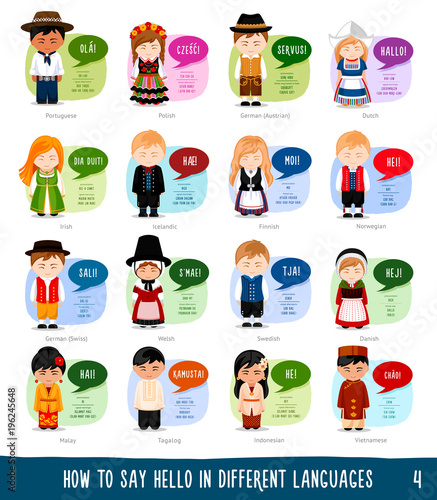 Cartoon characters saying hello in different languages: Portuguese, Polish, German, Dutch, Irish, Icelandic, Finnish, Norwegian, Welsh, Swedish, Danish, Malay, Indonesian, Vietnamese, Tagalog.