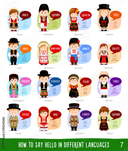 People saying hello in different languages: Slovak, Slovenian, Macedonian, Bulgarian, Estonian, Czech, Belarusian, Ukrainian, Romanian, Montenegrin, Albanian, Lithuanian, Latvian, Estonian.
