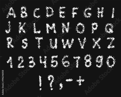 Vector Latin alphabet with numbers. Texture white chalk on a black background