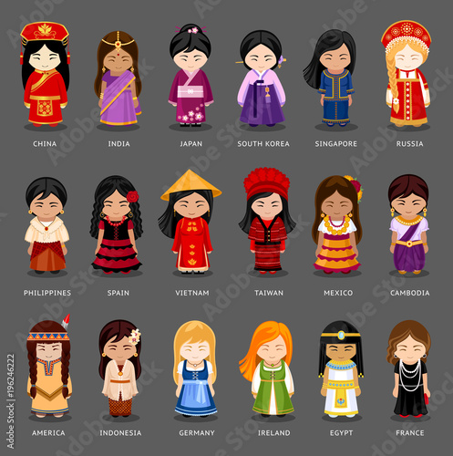 Cartoon girls in different national costumes. Vector illustration of multicultural national woman, people on planet earth. Set of international people in traditional clothes.