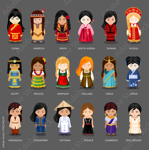Cartoon girls in different national costumes. Vector illustration of multicultural national woman, people on planet earth. Set of international people in traditional clothes.