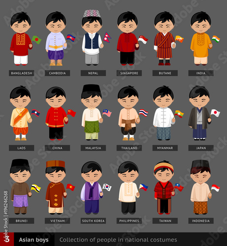 Asian boys in national dress. Set of asian men dressed in national clothes. Collection of people in traditional costume. Vector flat illustration.