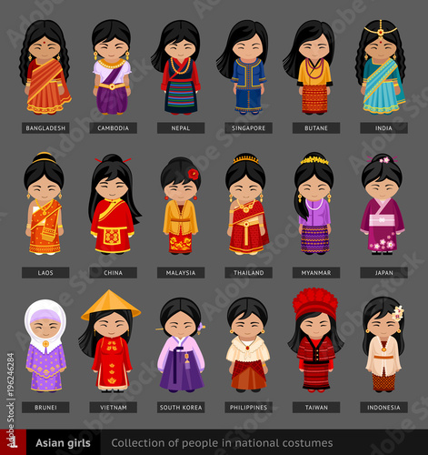 Asian girls in national dress. Set of asian woman dressed in national clothes. Collection of people in traditional costume. Vector flat illustration.