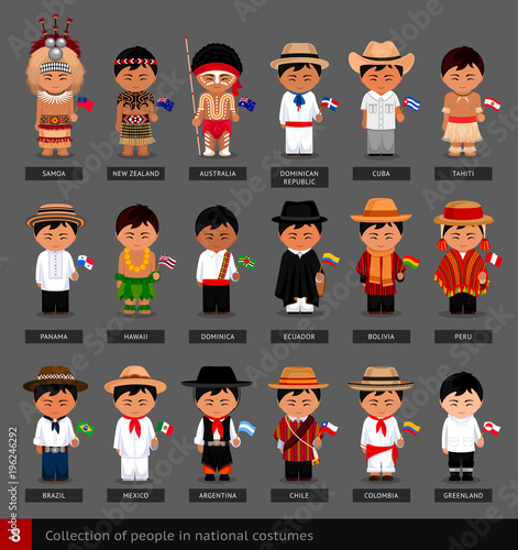 Boys in national costumes with flags. Set of men dressed in national clothes. America, Australia and Oceania. Vector flat illustration.