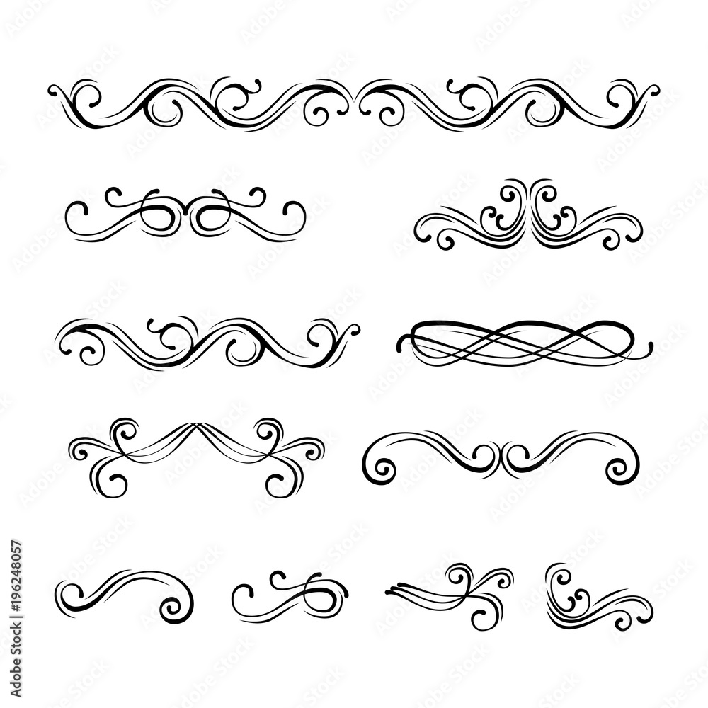 Swirl scroll elements. Text dividers hand drawn design elements. Vector illustration.