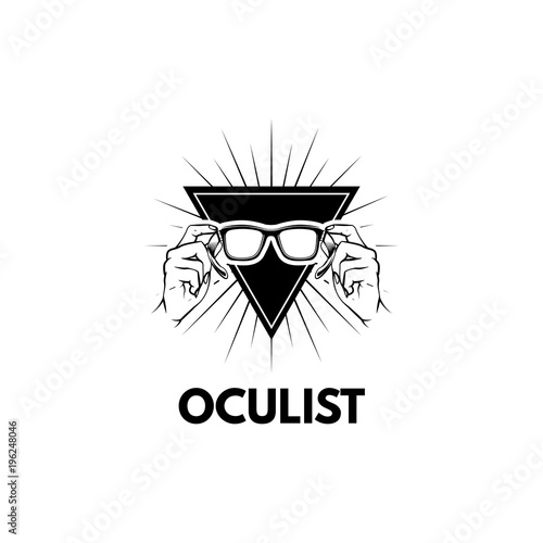 Hands holding glasses. Triangle. Oculist badge label logo. Vector illustration.