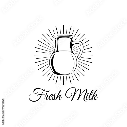 Retro milk jug in beams. Fresh milk text. Vector illustration.