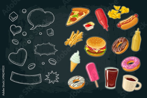Poster fast food. Vector color flat illustration on dark background