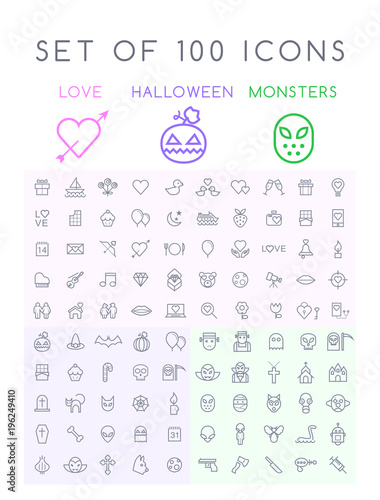 Set of 100 Isolated Minimal Modern Simple Elegant Black Stroke Icons on White Background ( Valentine's Day , Halloween and Scary Elements )