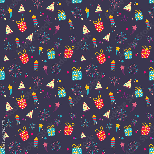 Seamless cute color gift wrapper pattern on purple background